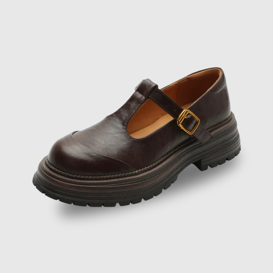 Women's Leather Platform Mary Janes - Brown