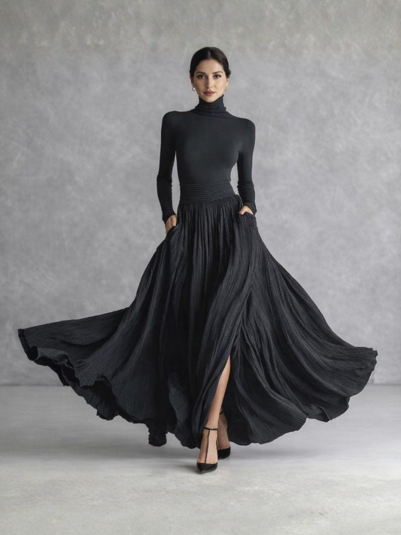 Women's Pleated Satin Maxi Skirt - Black