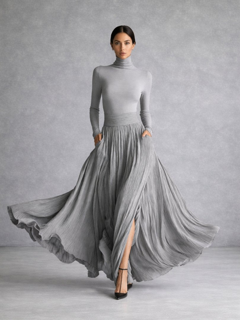 Women's Pleated Satin Maxi Skirt - Grey
