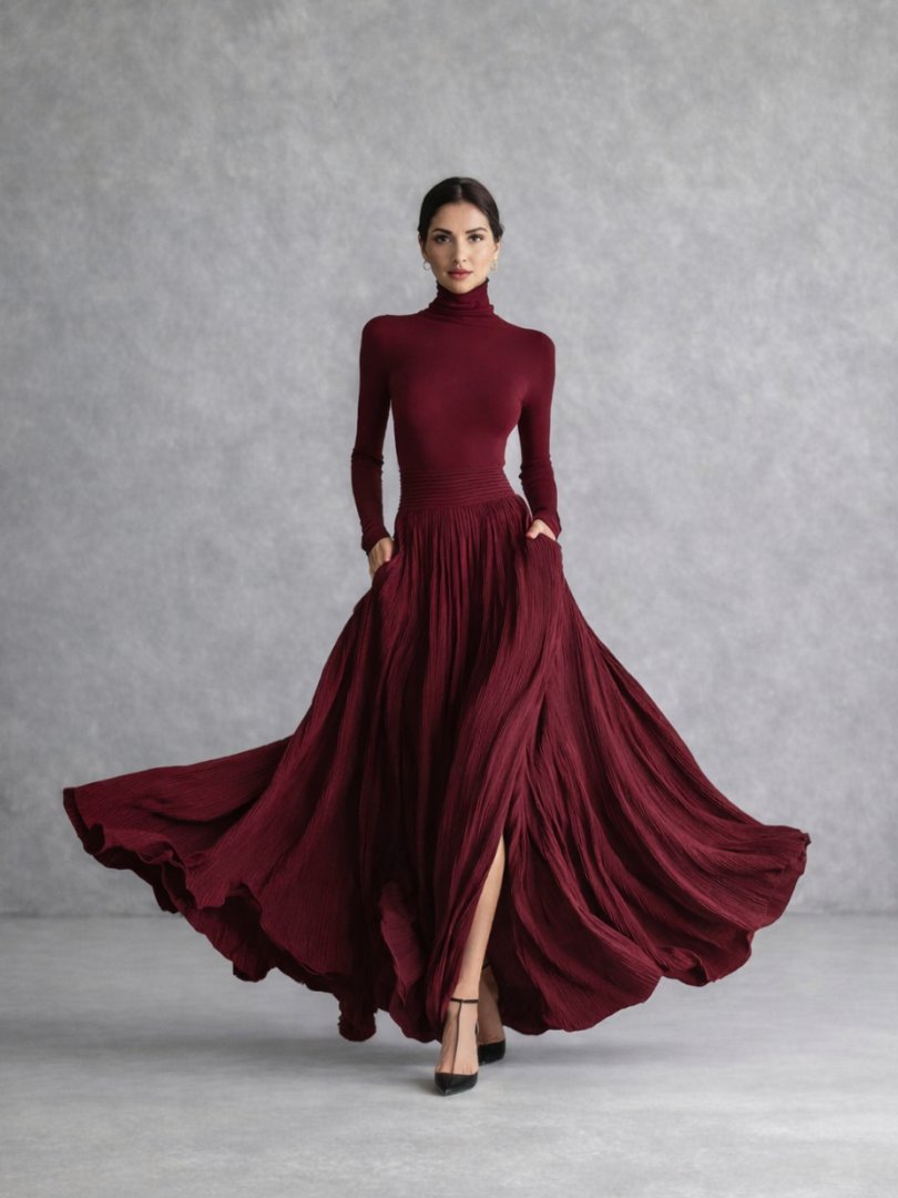 Women's Pleated Satin Maxi Skirt - Burgundy