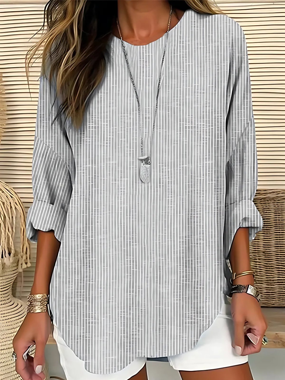 Women's Striped Tunic Blouse - Gray