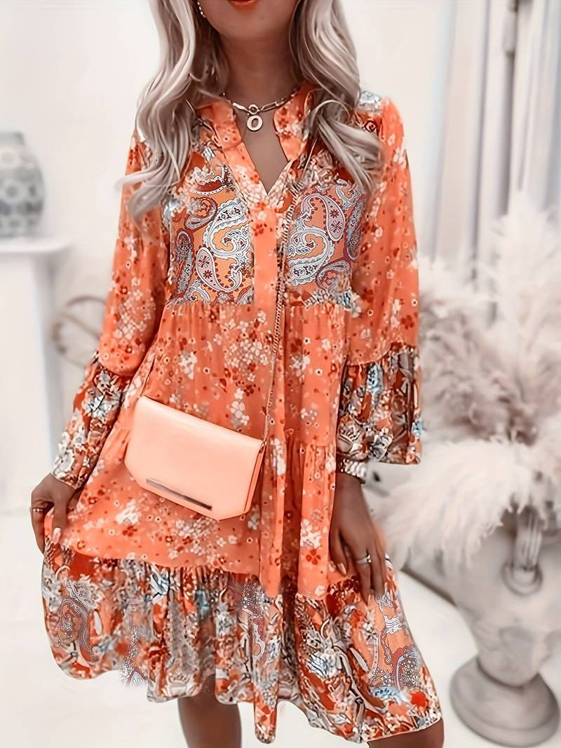Women's Floral Chiffon Mini Dress - Orange