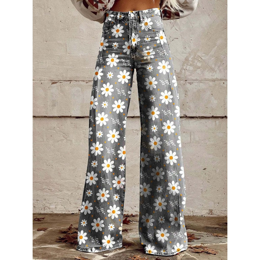 Women's Floral High-Waisted Wide-Leg Jeans - White Flower