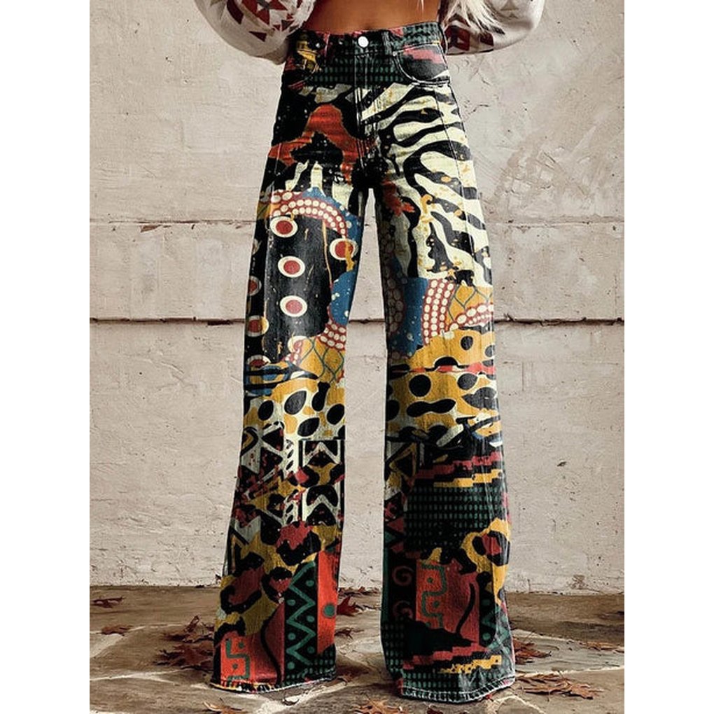 Women's Floral High-Waisted Wide-Leg Jeans - Abstract
