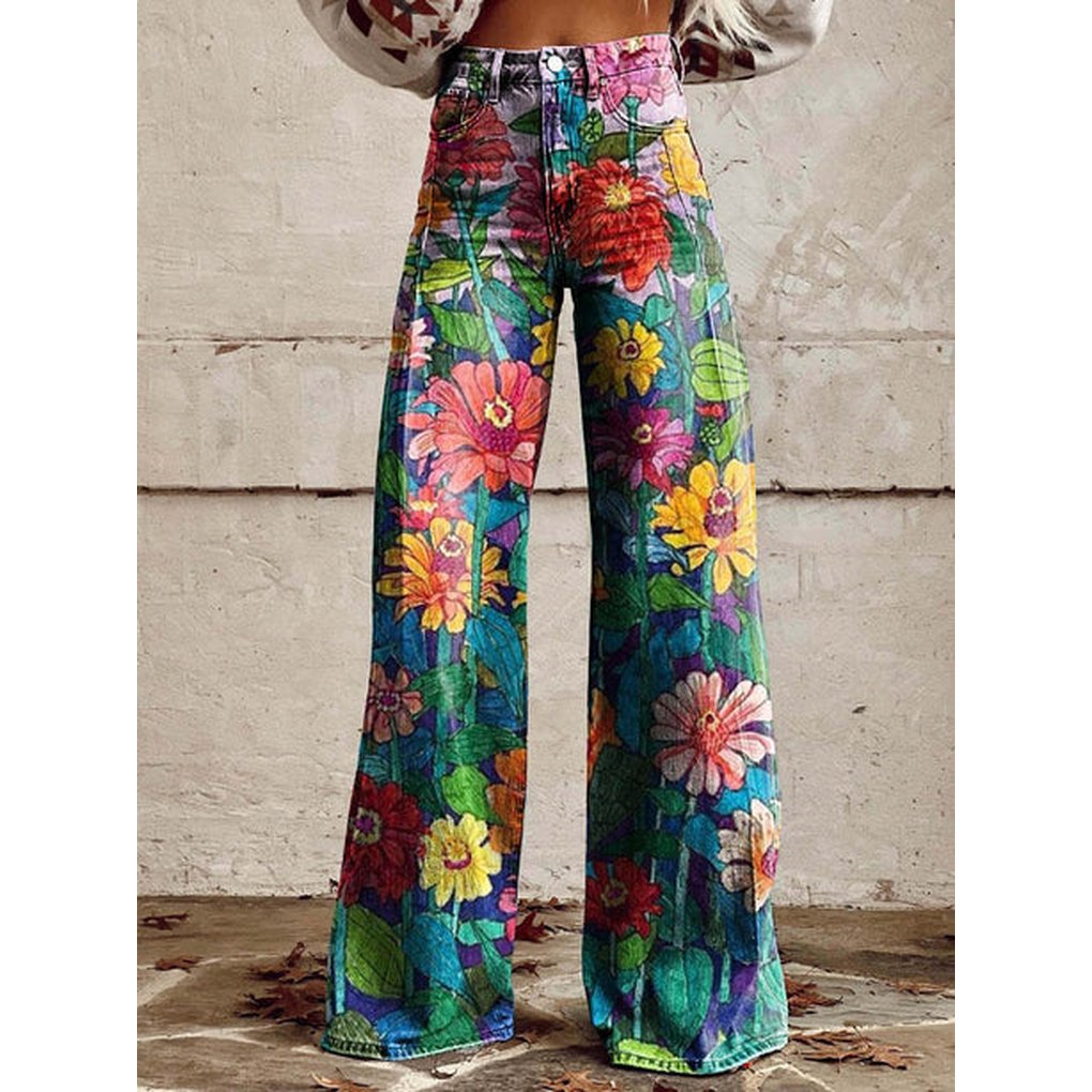 Women's Floral High-Waisted Wide-Leg Jeans - Daisy