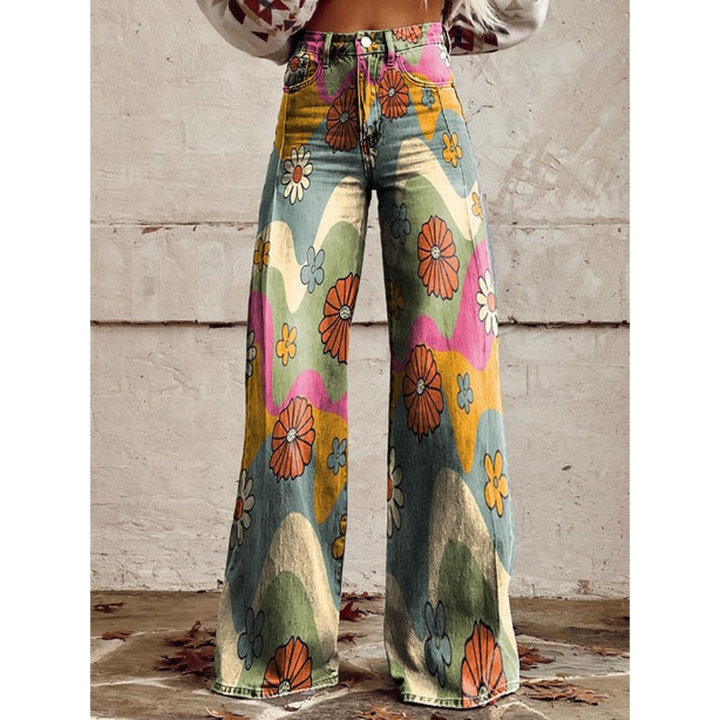 Women's Floral High-Waisted Wide-Leg Jeans