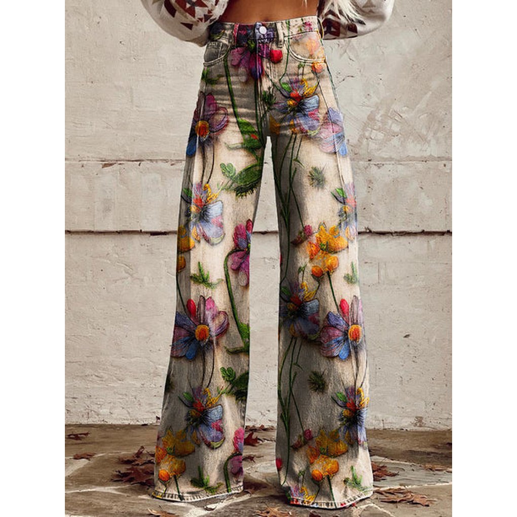 Women's Floral High-Waisted Wide-Leg Jeans - Flowers