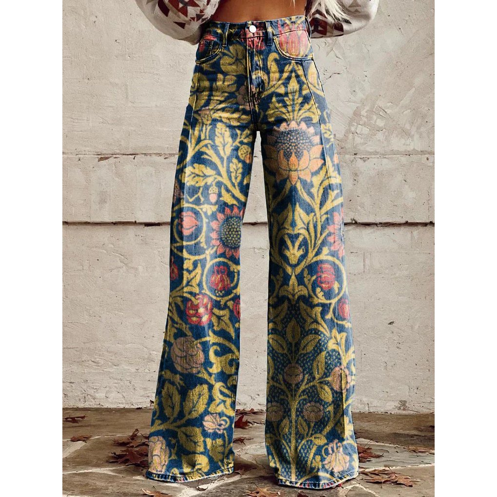 Women's Floral High-Waisted Wide-Leg Jeans - Dark blue