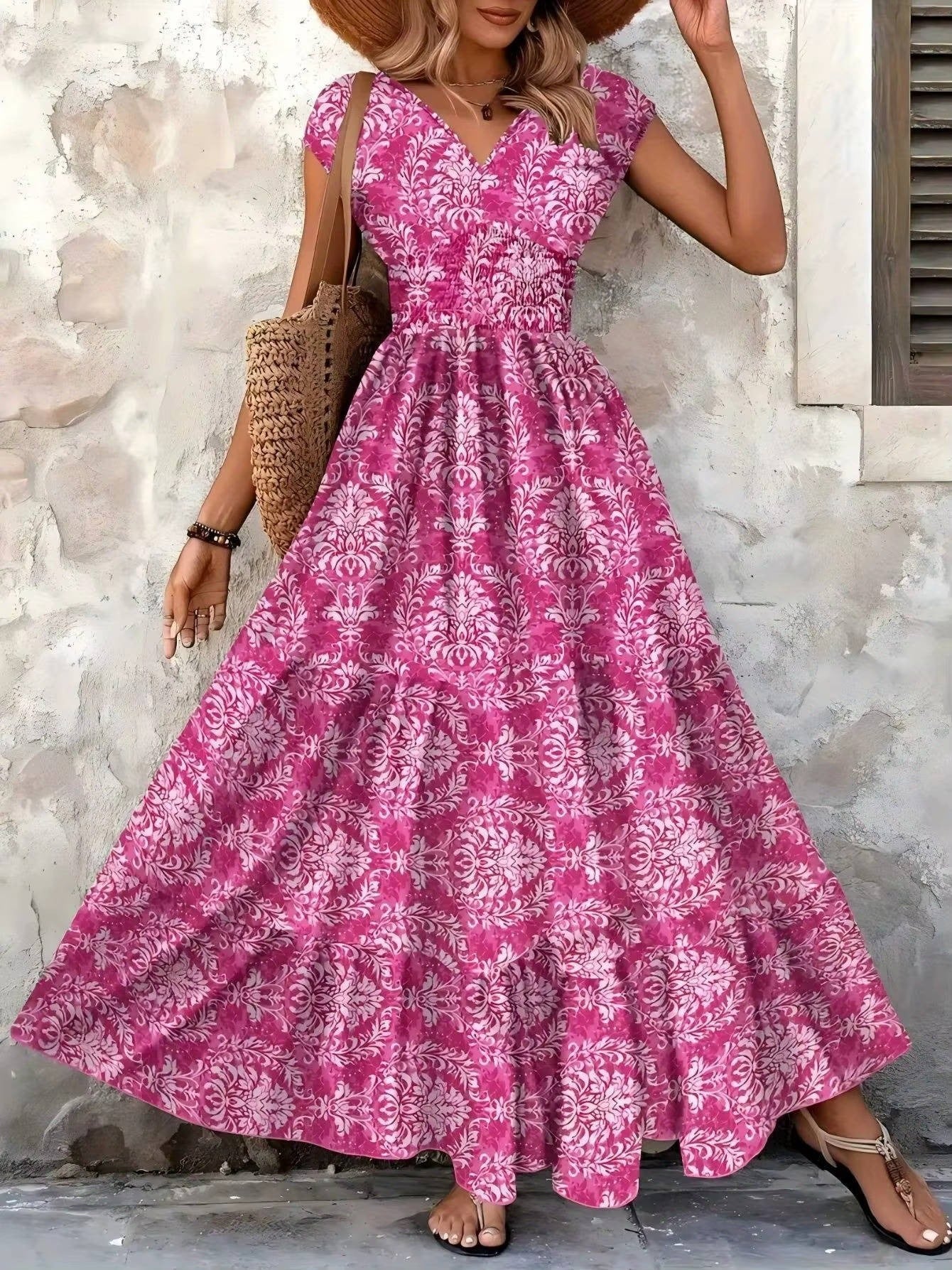 Boho Floral Maxi Dress - Rose red
