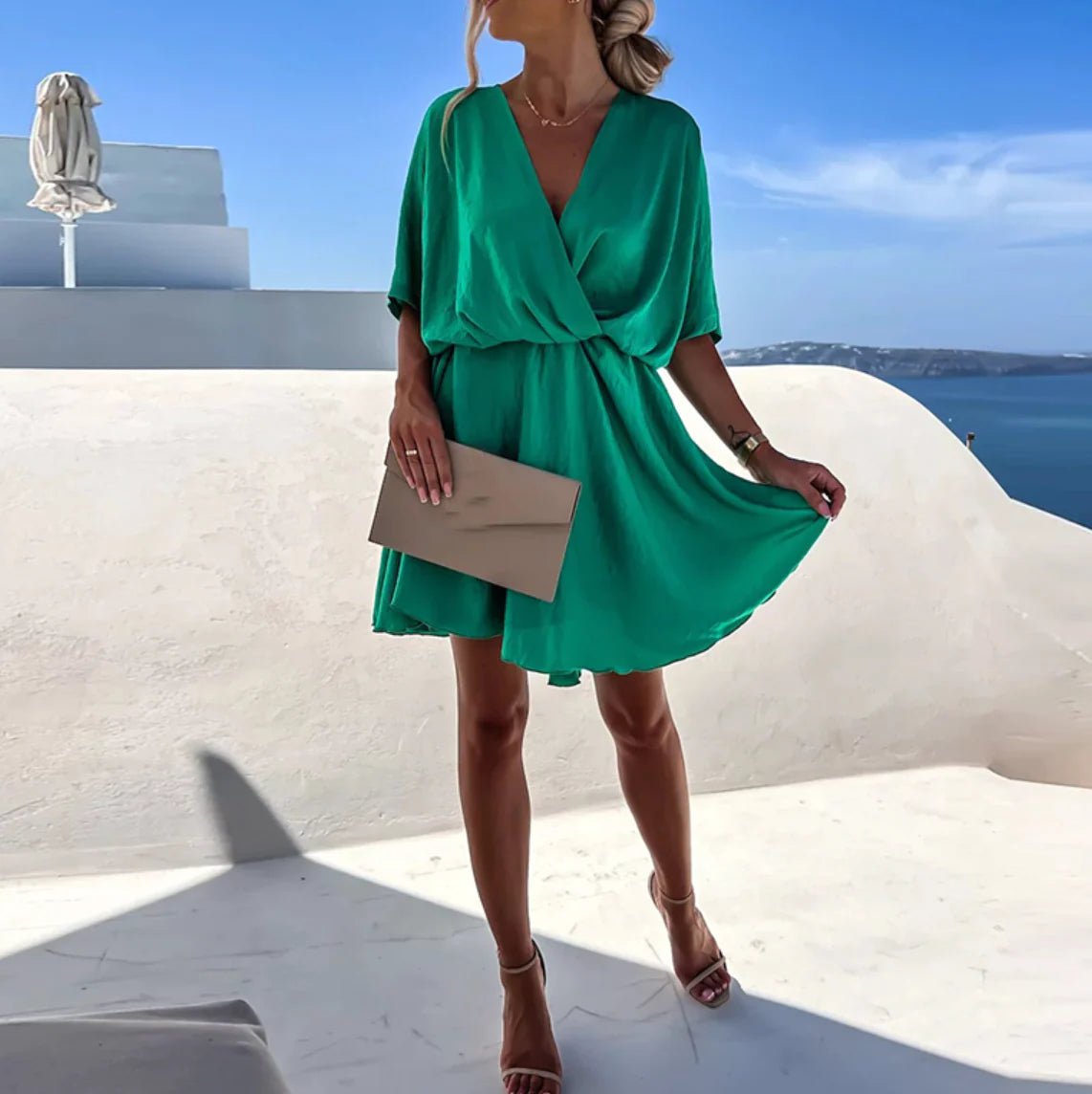Women's Satin Wrap Mini Dress - Dark Green