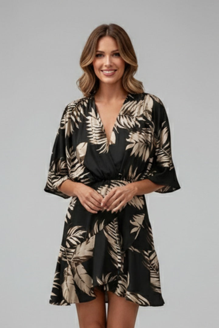Printed Wrap Mini Dress - Black