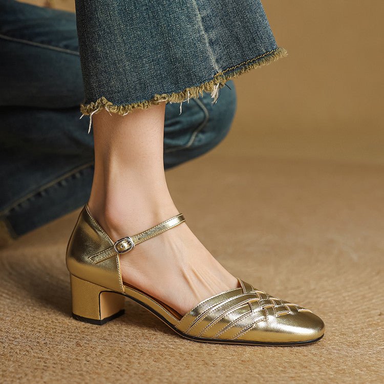 Women's Ankle Strap Block Heel Sandals - Gold