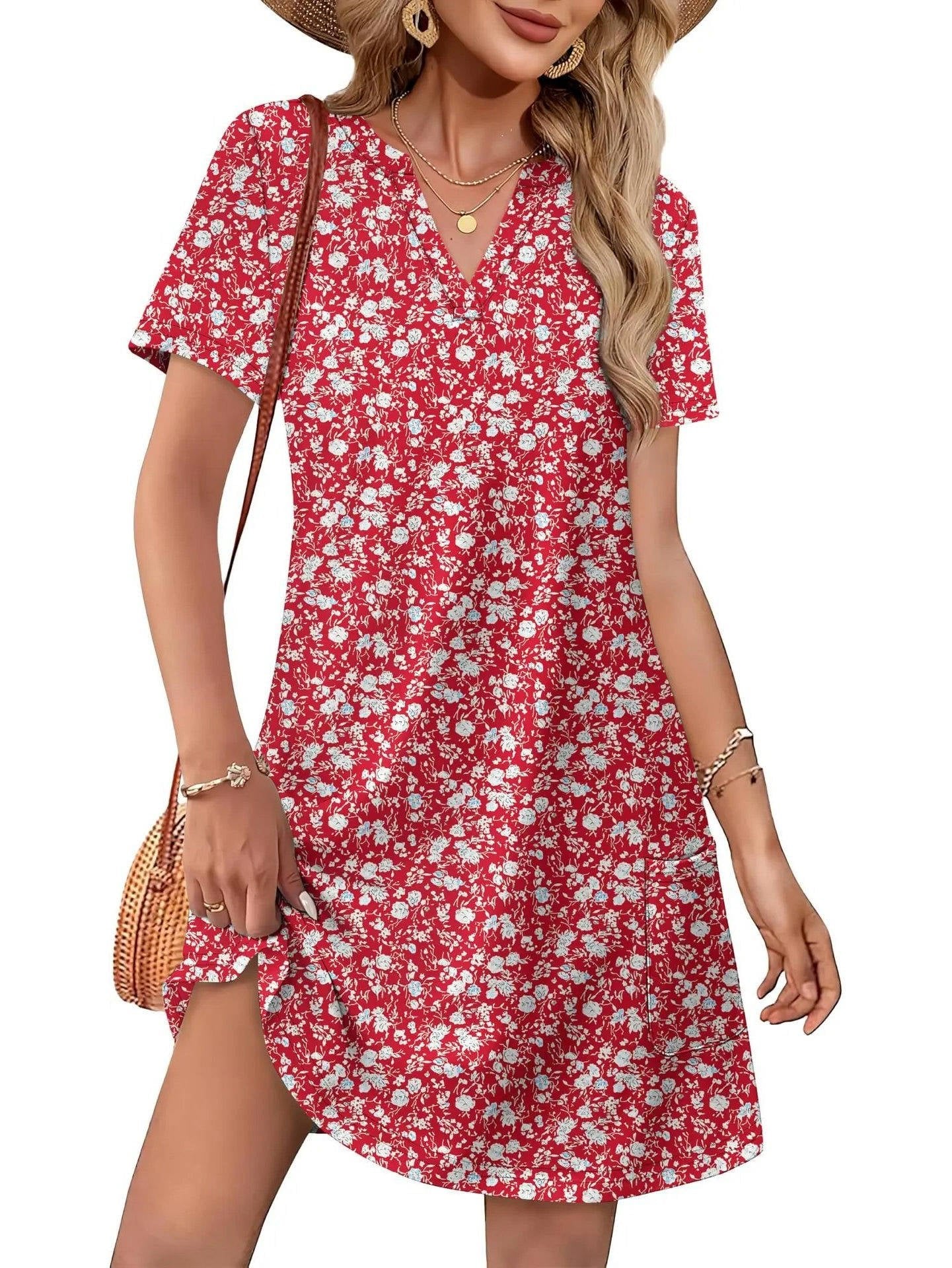 Women's Floral Mini Dress - Coral Red