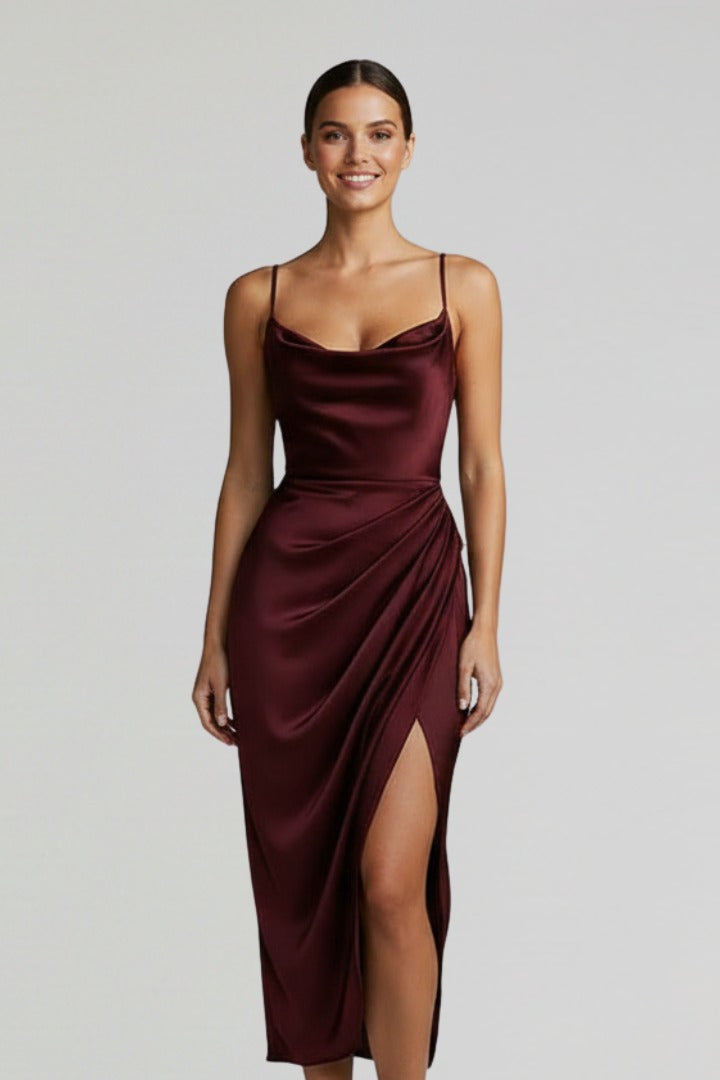 Cowl Neck Ruched Midi Dress - Burgundy