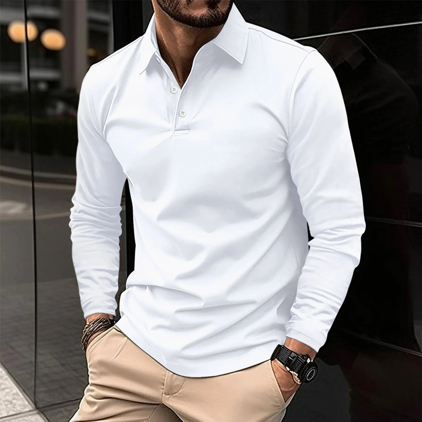 Men's Slim Long-Sleeve Polo Shirt - White