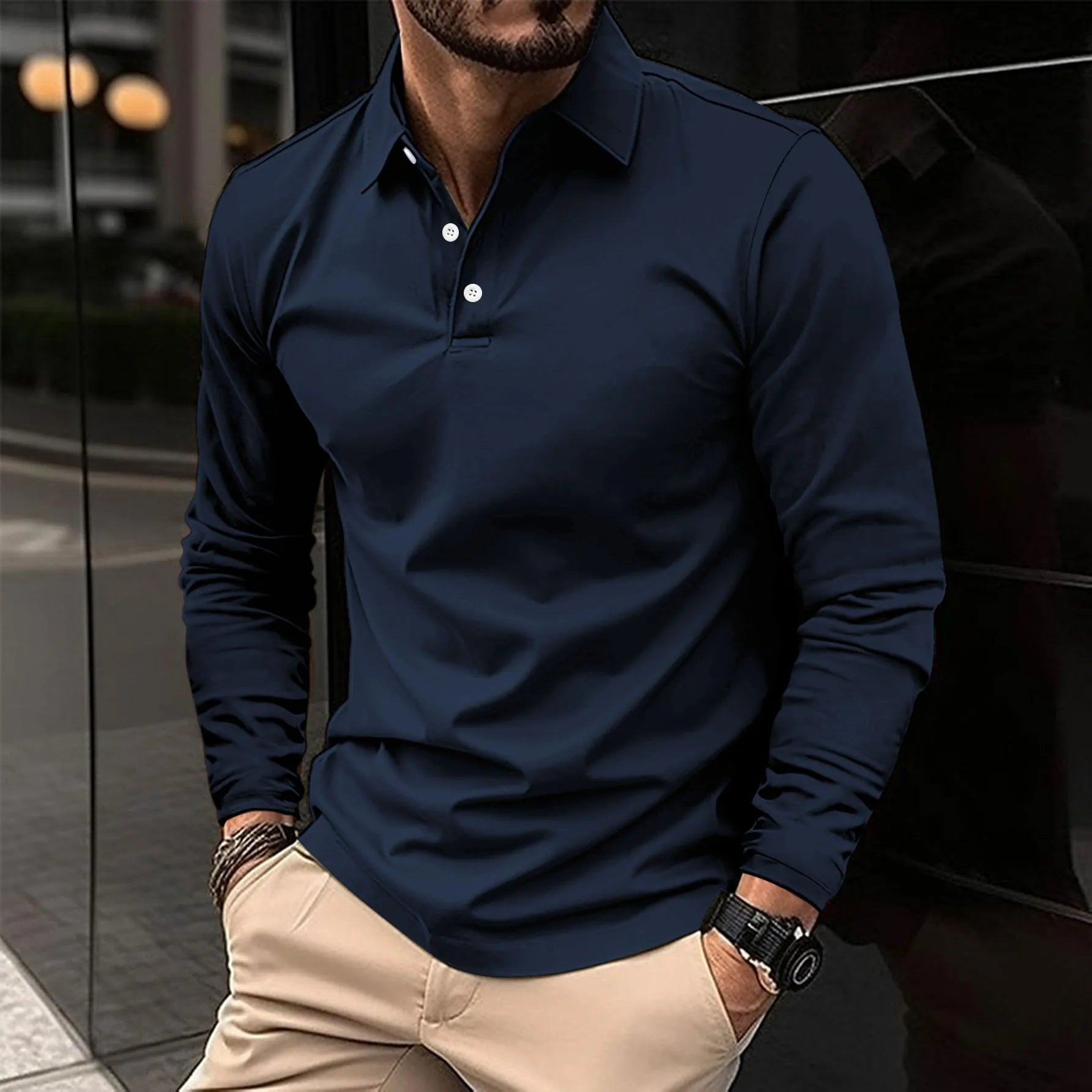 Men's Slim Long-Sleeve Polo Shirt - Navy Blue
