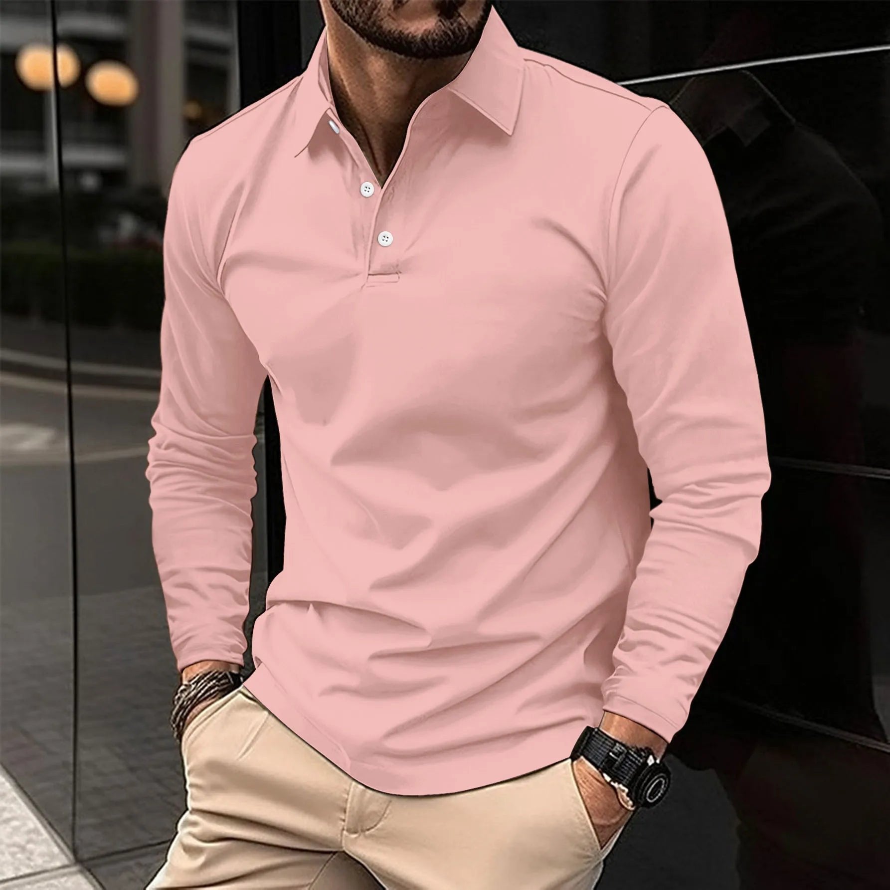 Men's Slim Long-Sleeve Polo Shirt - Pink