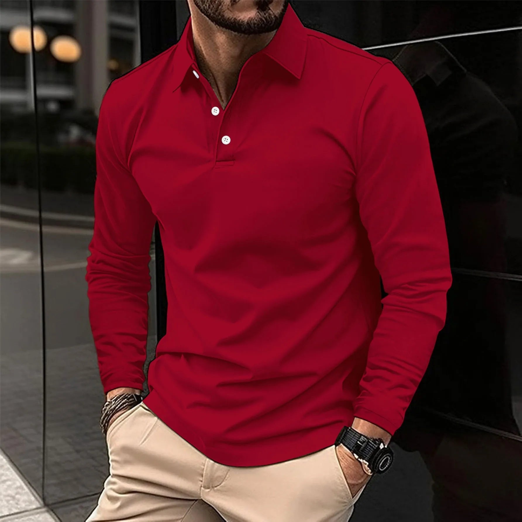 Men's Slim Long-Sleeve Polo Shirt - Red