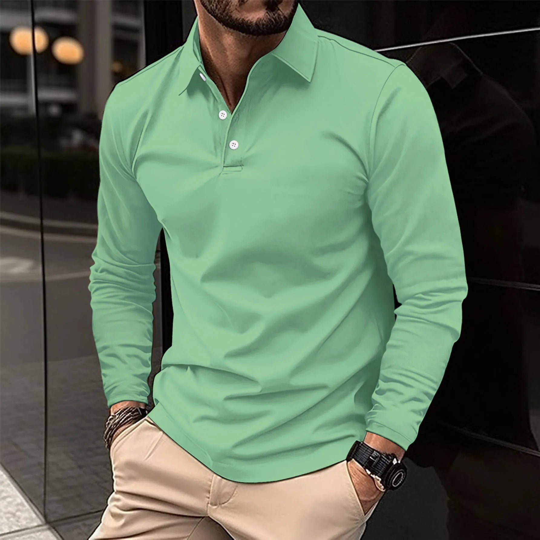 Men's Slim Long-Sleeve Polo Shirt - Green