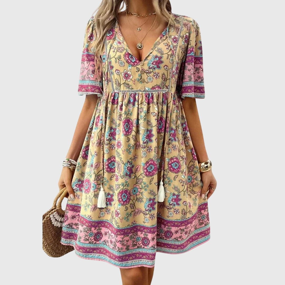 Women's Floral V-Neck Mini Dress - Beige