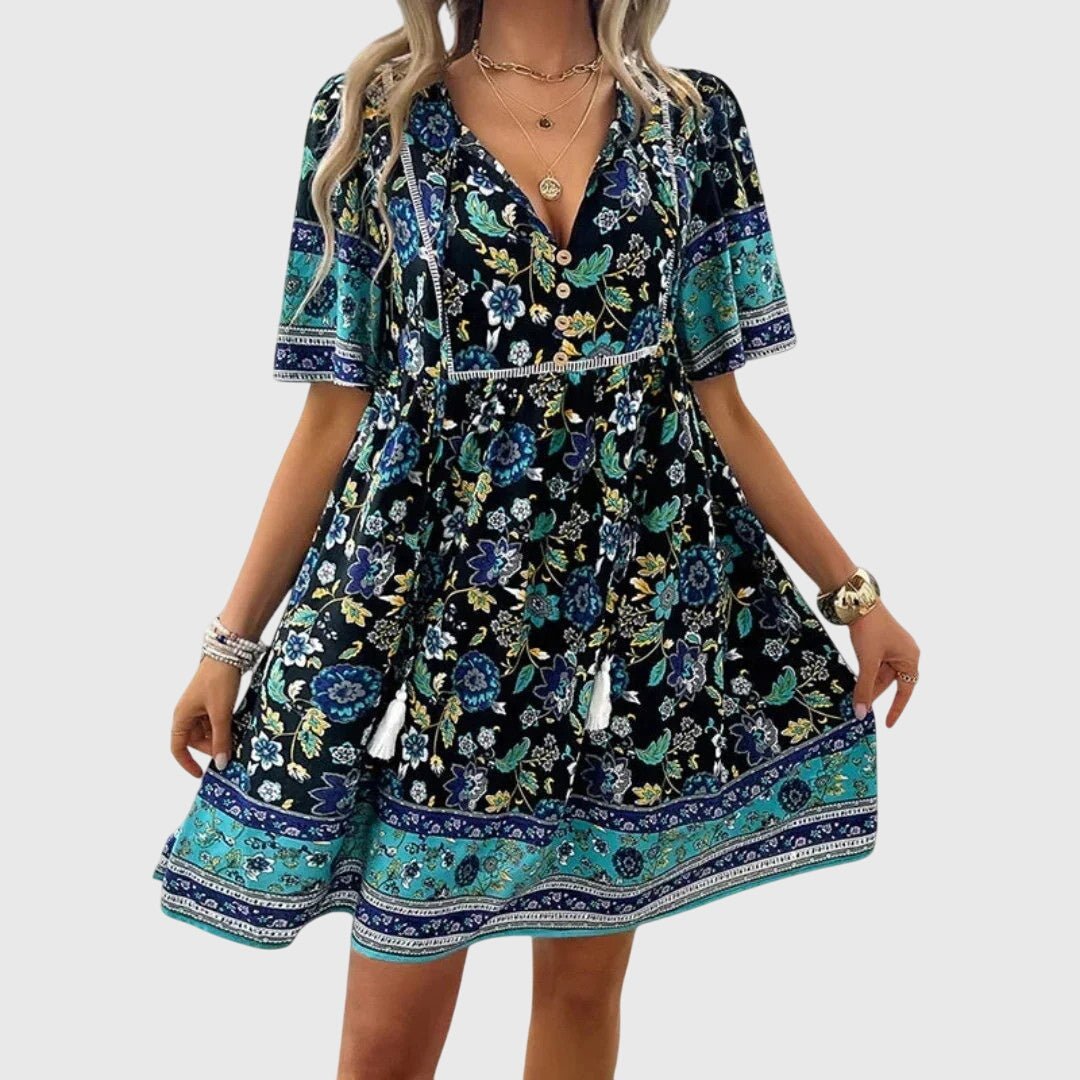 Women's Floral V-Neck Mini Dress - Navy Blue