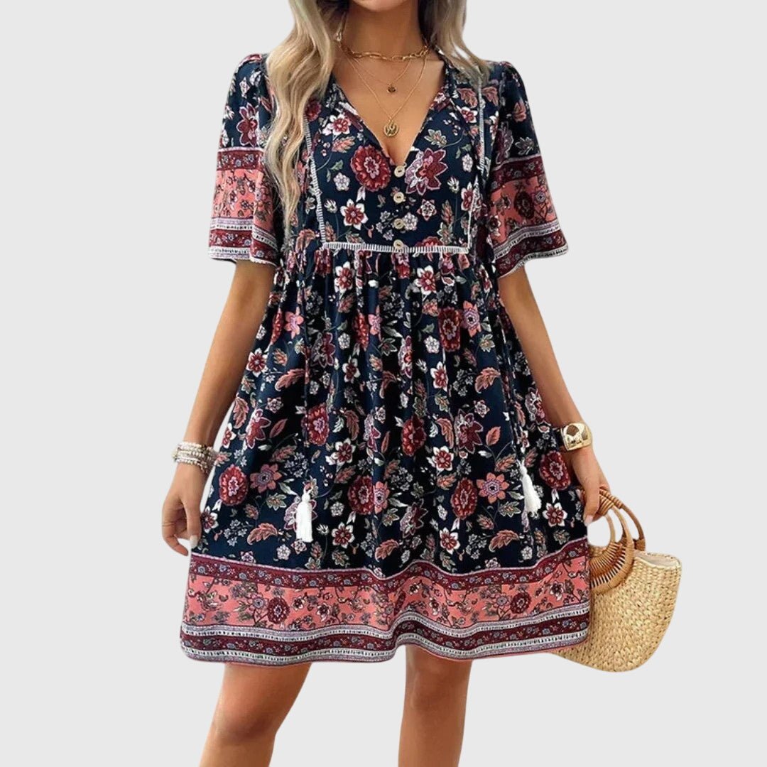 Women's Floral V-Neck Mini Dress - Black