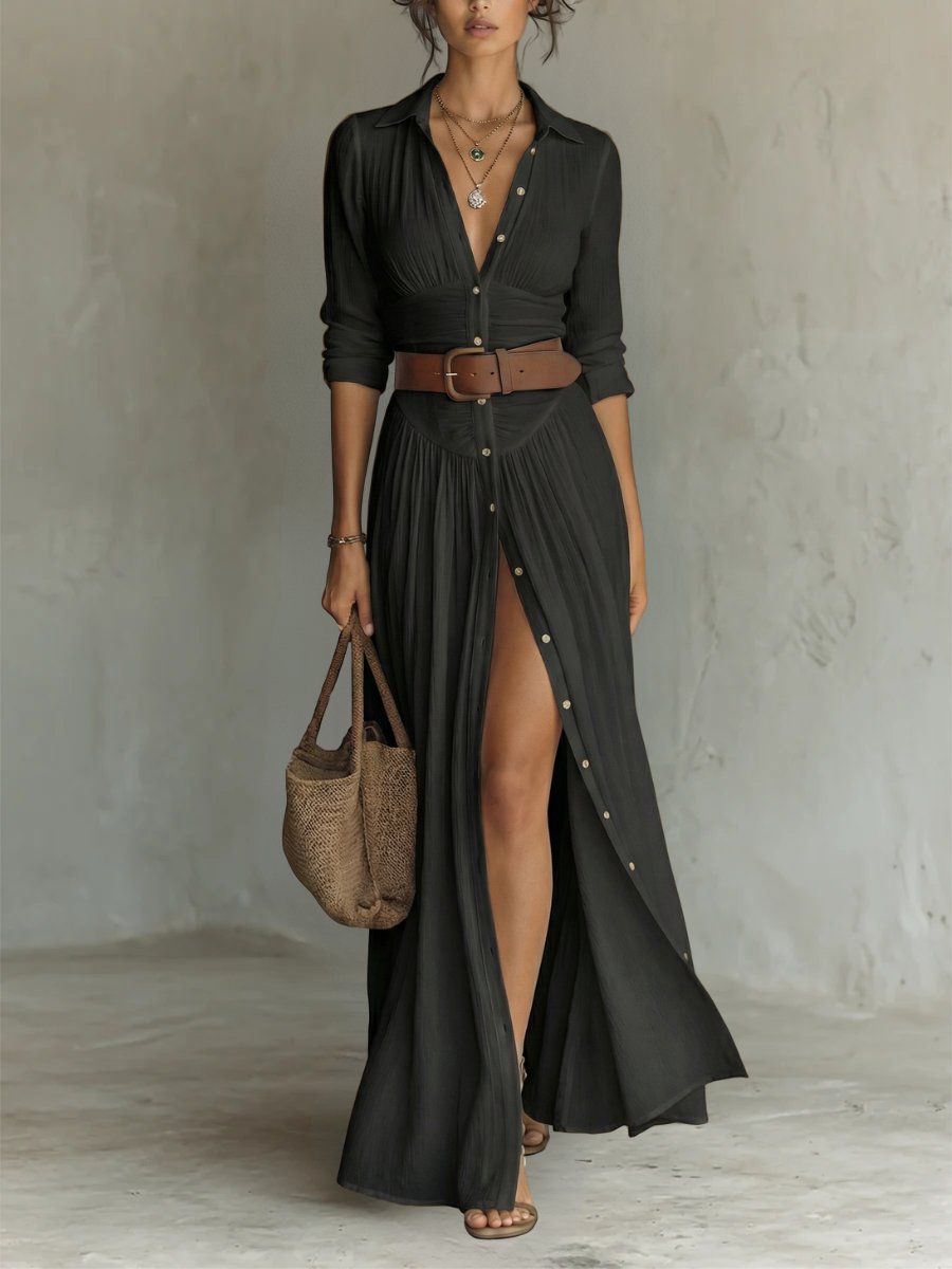 Women's Vacation Maxi Shirt Dress - Black