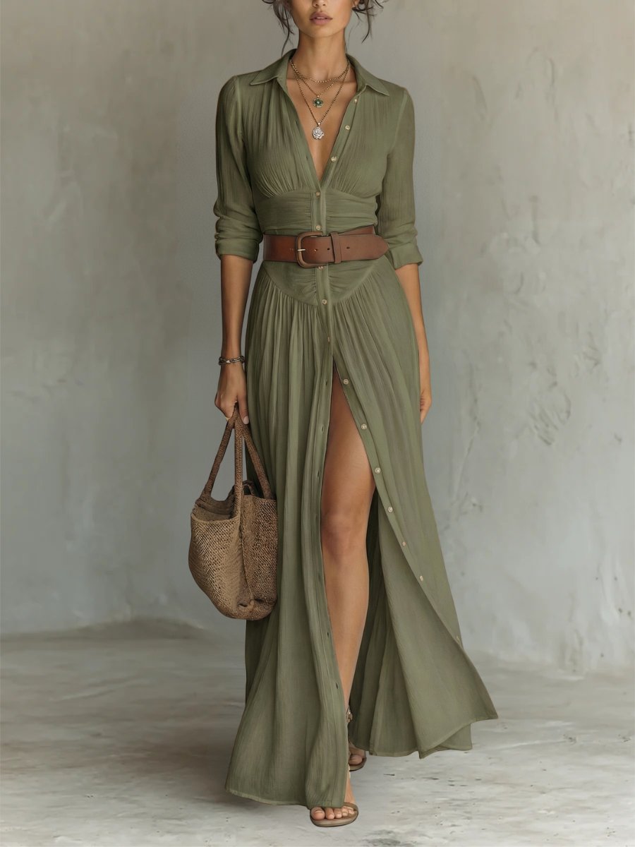 Women's Vacation Maxi Shirt Dress - Green