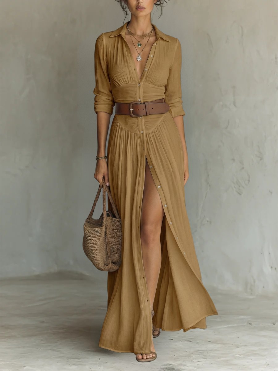 Women's Vacation Maxi Shirt Dress - Brown