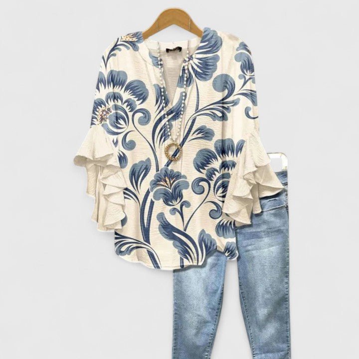 Women's Floral Blouse - White Blue