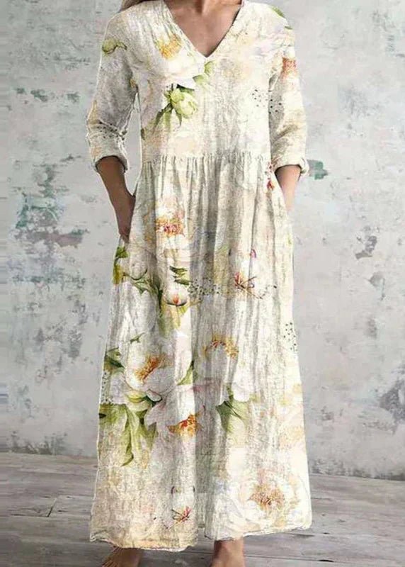 Women's Floral V-Neck Maxi Dress - White