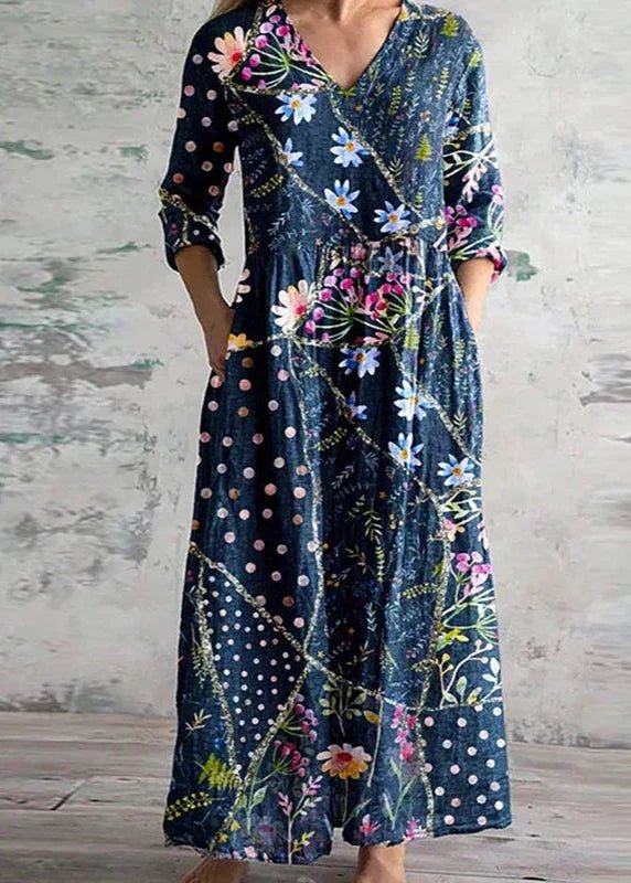 Women's Floral V-Neck Maxi Dress - Blue