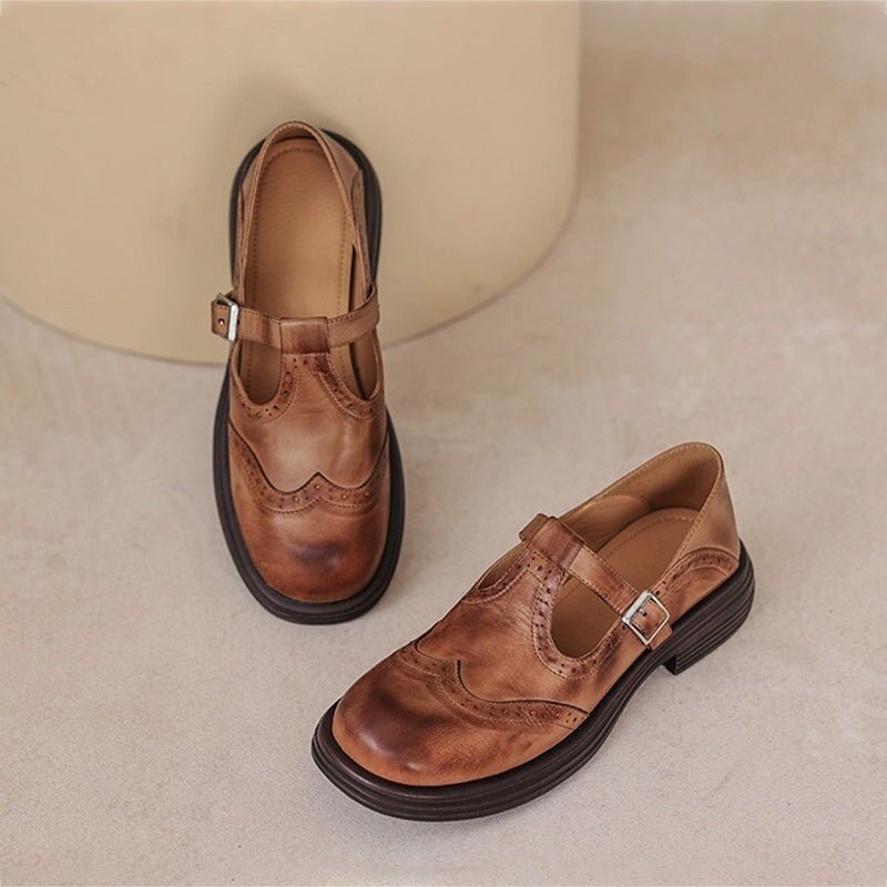 Women's Leather T-Strap Brogue Shoes