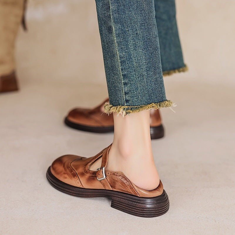 Women's Leather T-Strap Brogue Shoes