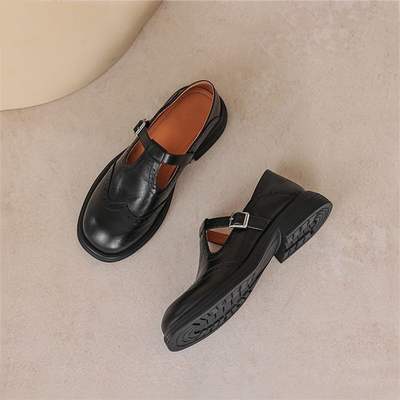 Women's Leather T-Strap Brogue Shoes