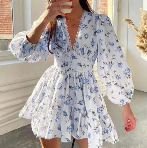 Floral Long Sleeve Mini Dress - Blue