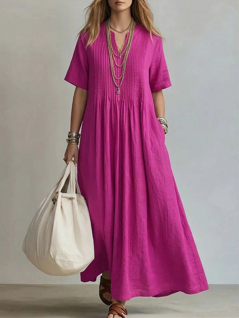 Women's V-Neck Maxi Shirt Dress - Pink