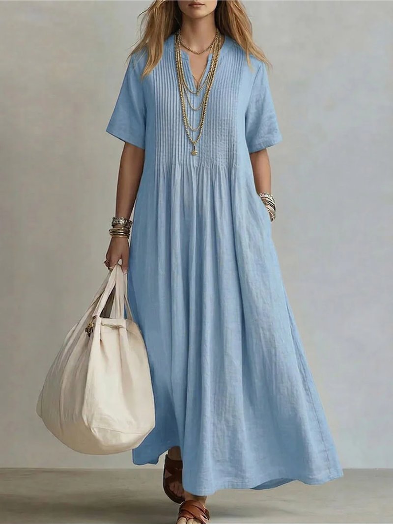 Women's V-Neck Maxi Shirt Dress - Blue