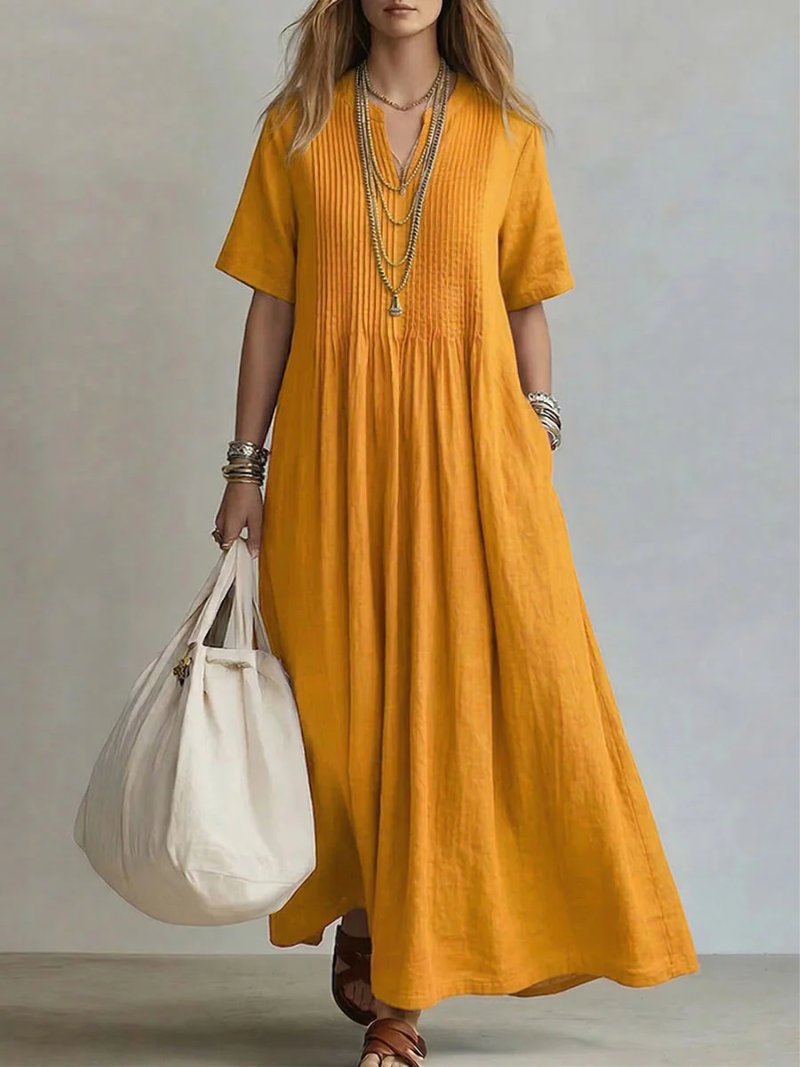Women's V-Neck Maxi Shirt Dress - Yellow
