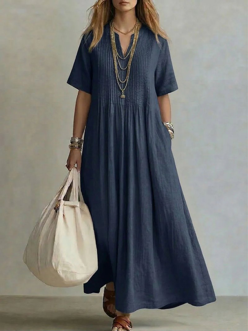 Women's V-Neck Maxi Shirt Dress - Navy Blue