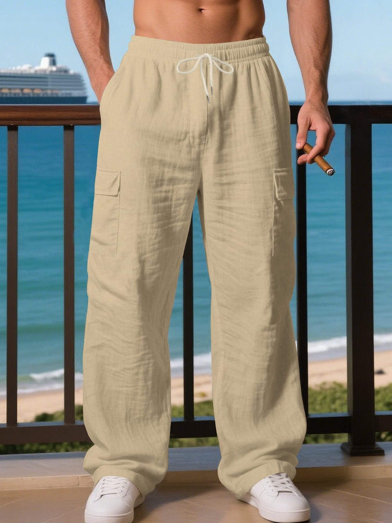 Men's Wide-Leg Linen Cargo Pants - Beige