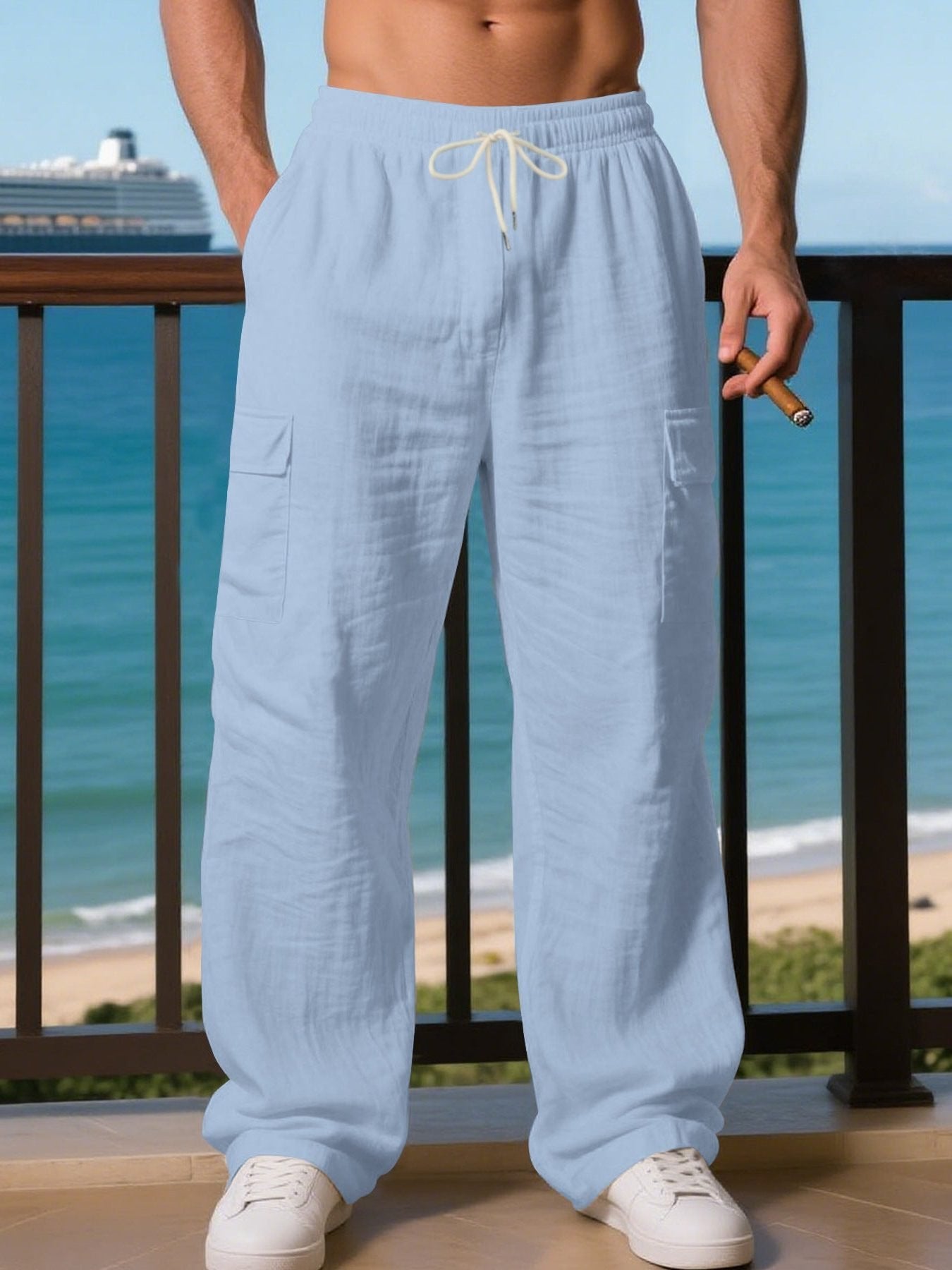 Men's Wide-Leg Linen Cargo Pants - Light Blue