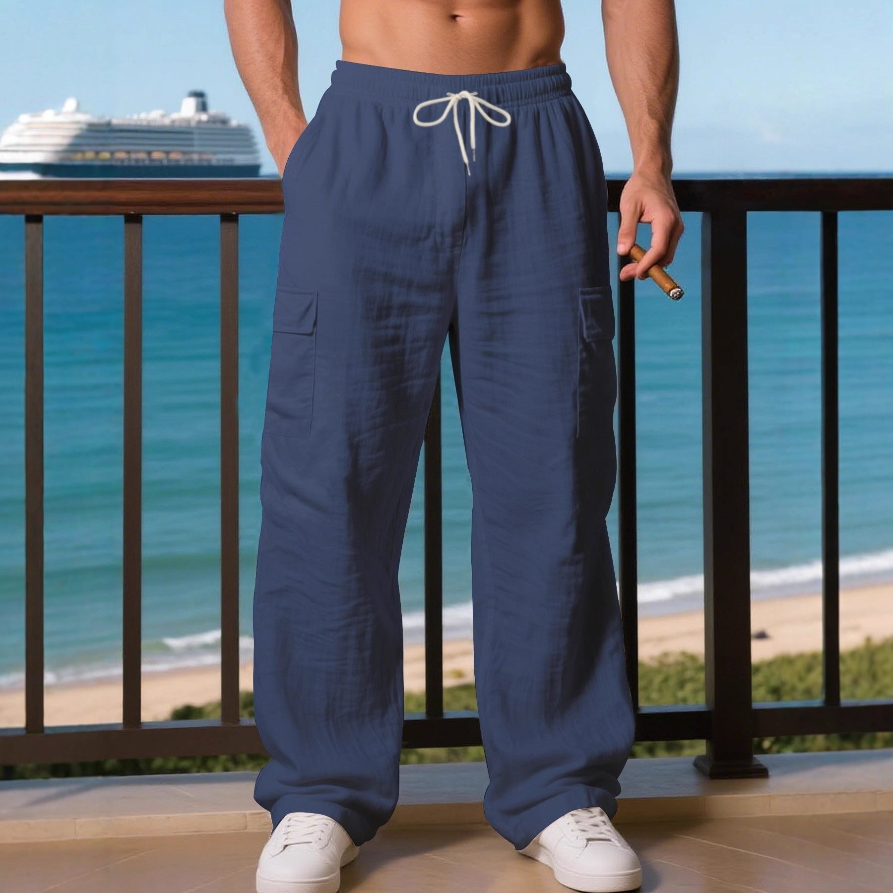 Men's Wide-Leg Linen Cargo Pants
