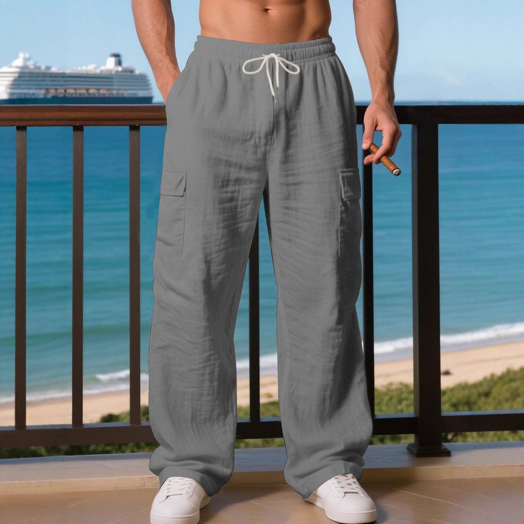 Men's Wide-Leg Linen Cargo Pants