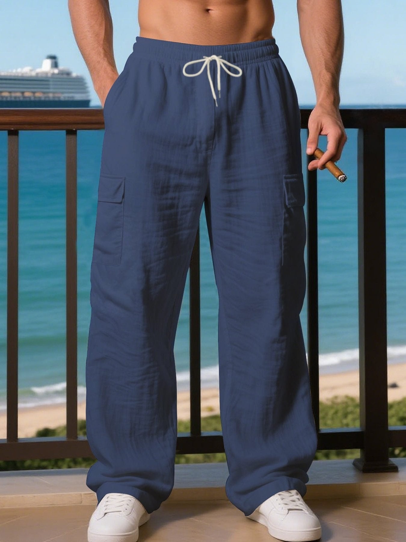 Men's Wide-Leg Linen Cargo Pants - Navy Blue