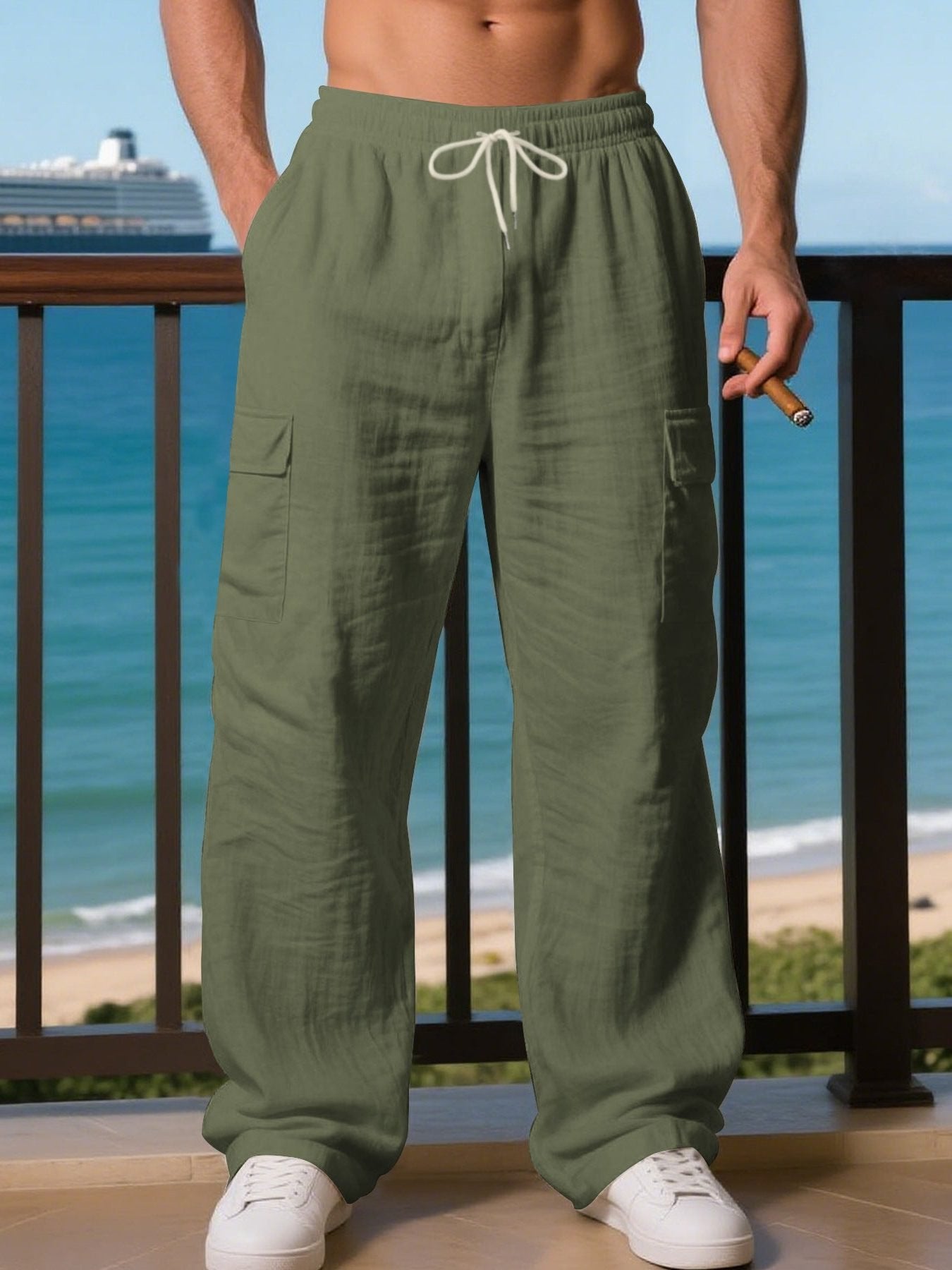 Men's Wide-Leg Linen Cargo Pants - Olive Green