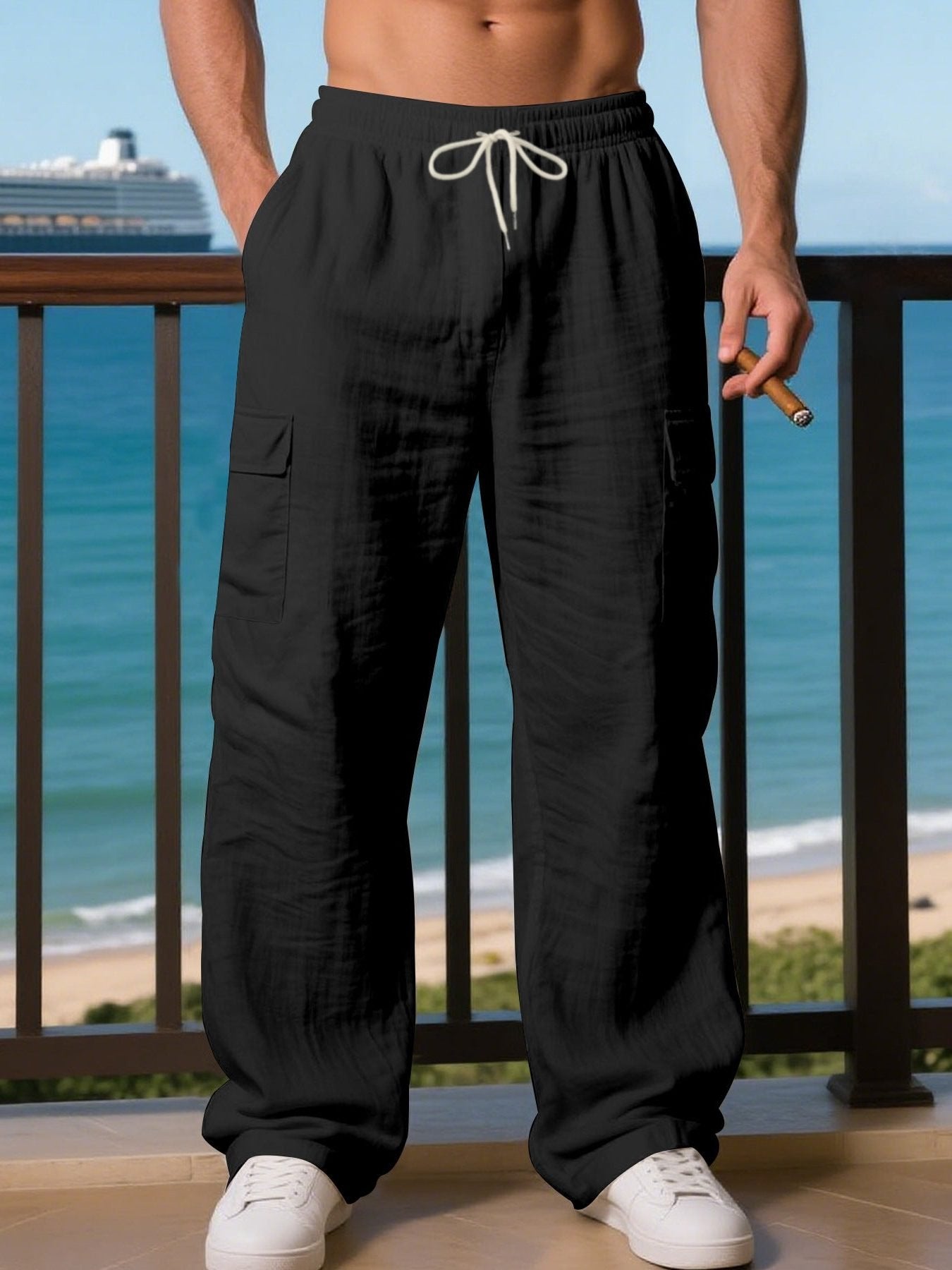 Men's Wide-Leg Linen Cargo Pants - Black