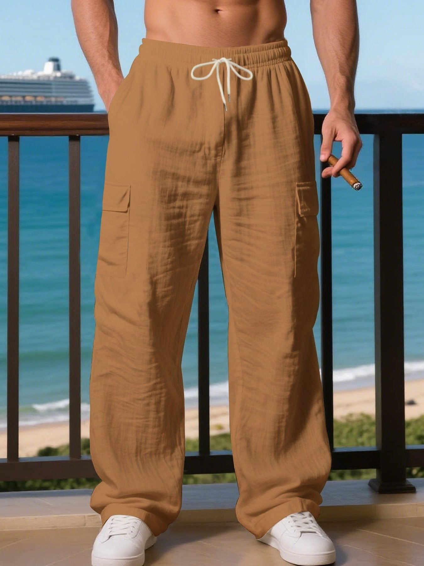 Men's Wide-Leg Linen Cargo Pants - Brown