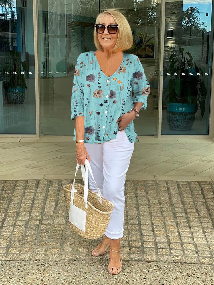 Women's Floral V-Neck Blouse - Blue