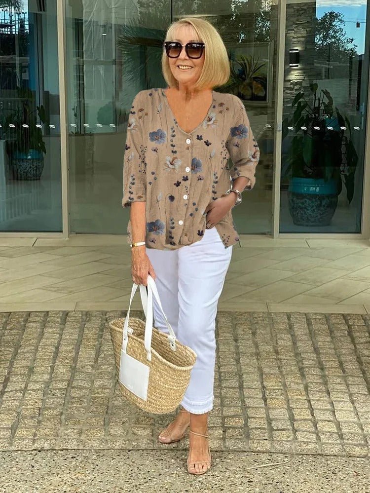 Women's Floral V-Neck Blouse - Khaki